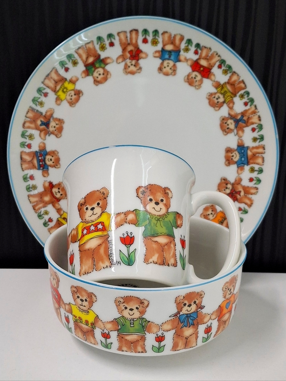 Enesco 1979 Lucy & Me Bears Rigglets Porcelain Cup Bowl Plate Set Made In Japan